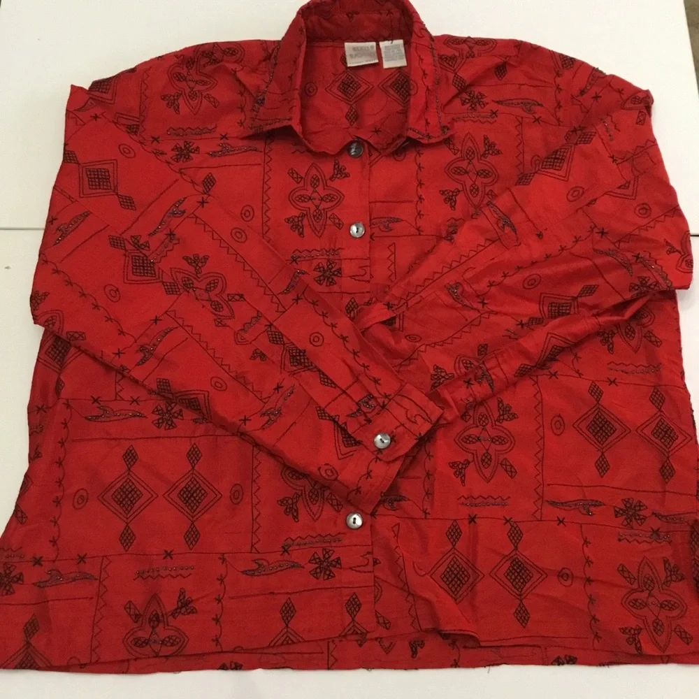 Blue Bayou Women’s Vintage 100% Silk Beaded Red Jacket Shirt Size XL - Picture 2 of 9